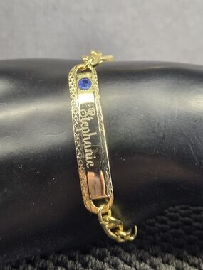 Personalized Stephanie Bar Bracelet with Blue Accent Gold Tone